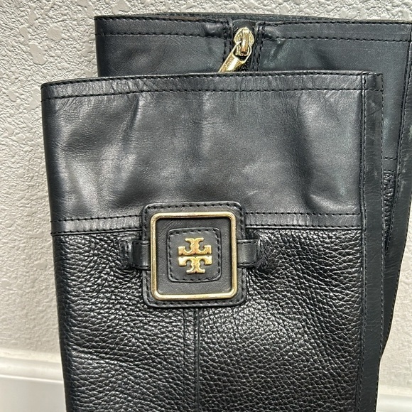 Tory Burch Julian Black Pebble Leather with Gold Emblem Tall Riding Boots Size 7 - Picture 9 of 16